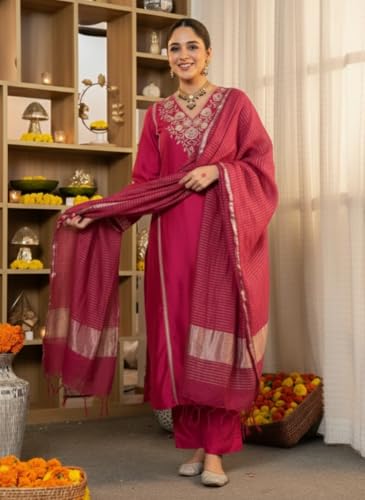 Image of Klosia Women Embroidery Solid Straight Kurta and Pant Set with Dupatta