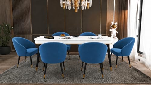 Image of WOODEN SPACE 6-Seater Wooden Dining Table Set | Nano Composite Marble Top | Solid Wood Base | Modern Dining Room Furniture with 6 Chairs (Blue Modern Classic)