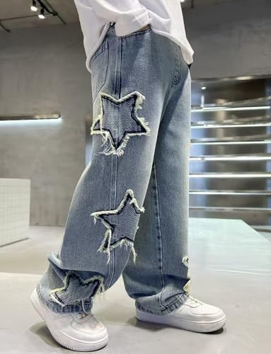 Happy Cherry Boys Baggy Star Denim Pants Pull On Elastic Waist Wide Leg Jeans Loose Vintage Cargo Jeans with Pockets3