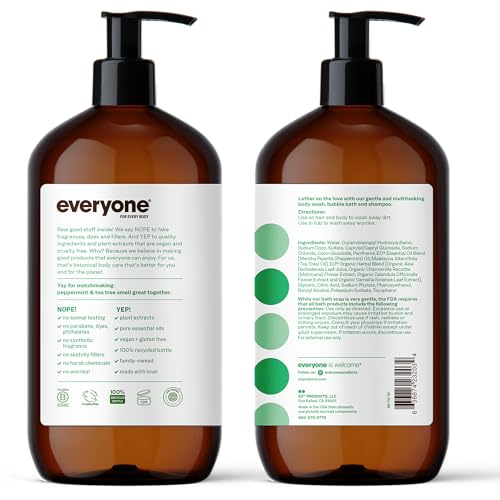 Image of Everyone 3-in-1 Soap, Body Wash, Bubble Bath, Shampoo, 32 Ounce (Pack of 2), Peppermint Tea Tree, made with Essential Oils for Men and Women | Body wash | shampoo | bubble bath in one | peppermint tea tree | plant-based | men and women | bulk 2-pack value
