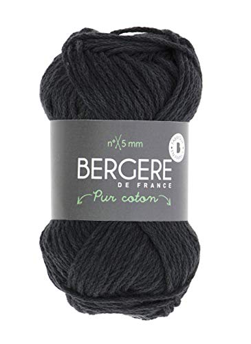 Bergère de France - PUR COTON pelote de laine à tricoter et crochet (50g) 5 mm - 100% Coton organique - Fabriqué en France - Fil doux pour l’été comme l’hiver - Noir (CHARBON) Cover