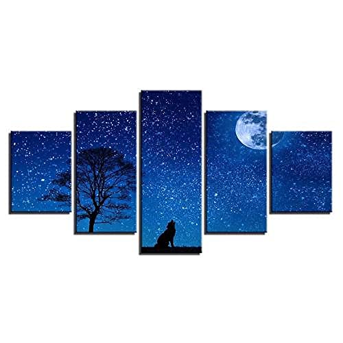 Papier peint loup lune et étoiles 5 parties 150 x 80 cm YUANJUN