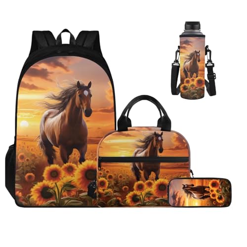 Sunflower Horse Backpack for Girls Kids Backpack with Lunch Box Water Bottle Carrier and Zipper Pencil Pouch 4 Pcs Set 17 inch Bookbag with Compartments for School Sturdy Elementary School Bag