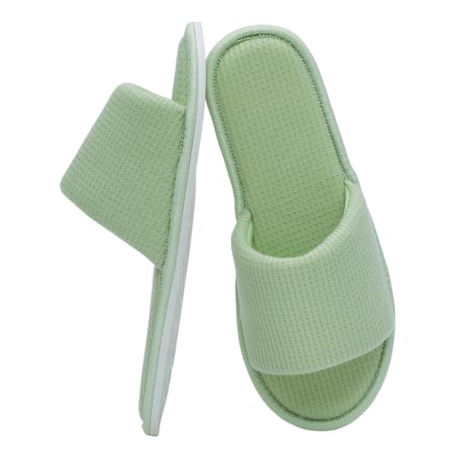 Image of Women's Open Toe House Slippers - Breathable Waffle Fabric, Memory Foam Cushioning, Slip-On Summer Indoor Slippers, Non-Slip TPR Sole, Easy Care