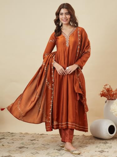 Image of MOKOSH Women's Silk Embroidery Anarkali Kurta Pant with Dupatta | Anarkali Kurta Set |Ethnic Kurta Set for Women |Floral Kurta 7 Colour Options Available |3 Piece Outfit
