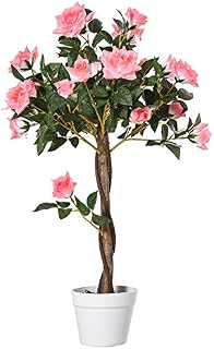 Outsunny 90cm/3FT Artificial Rose Tree Fake Decorative Plant w/ 21 Flowers Pot Indoor Outdoor Faux Decoration Home Office Décor Pink & Green