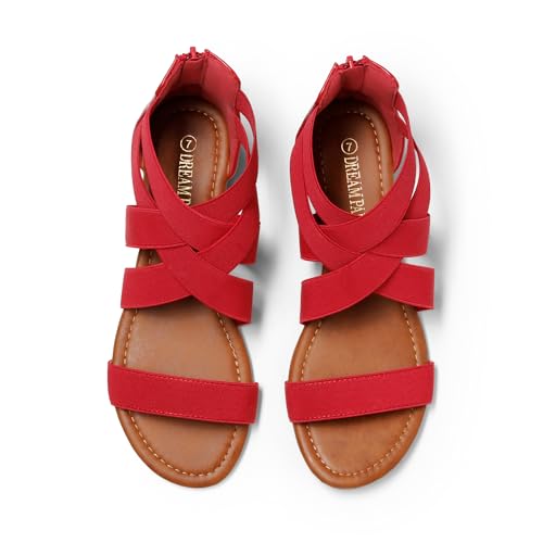 DREAM PAIRS DREAM PAIRS Women's Elastic Ankle Strap Sandals Gladiator Strappy Low Wedges Sandals,Size 8.5,Red,ELASTICA8
