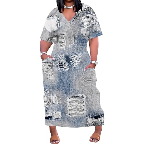 Image of SUZONANA Plus Size Denim Print Maxi Dresses for Women Casual V Neck Short Sleeve with Pockets Soft Jean Look Dress XL-6XL