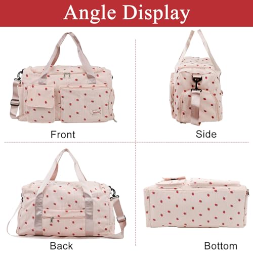 Image of PALAY Women Duffle Bag Gym Bag with Shoe Compartment Cute Pink Strawberry Prints Corduroy Travel Bag with Removable Shoulder Strap Multi-pocket Duffle Bag for Travel, Gym Session, Camping, 48x24x27cm