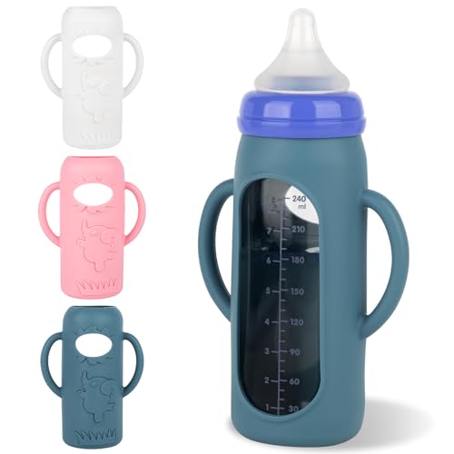 Image of Silicone Sleeves with Handles for Lansinoh Glass Baby Bottles 8oz,Anti Breakage Baby Bottle Holder with Handles 3 Pack