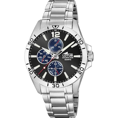 LOTUS Montre Homme Analogique Acier INOX 316L Argent - Quartz - Verre Minéral Résistant - Étanche 5 ATM - Multifonction 18812/2