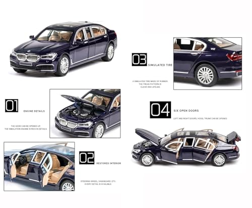 Image of BMW Die Cast Metal Toy Car Model with Openable Doors Hood and Trunk Light and Sound 1:24 Scale Pull Back Action 7 Series 760Li