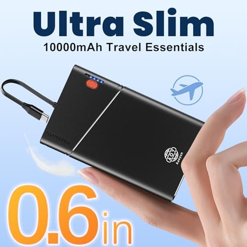 Aaoyun Portable Charger Power Bank, 10000mAh 22.5W PD Fast Charging Powerbank with Built-in USB C Cable, Slim External Phone Battery Pack for iPhone 17/16/15 Samsung S24 Android etc (Black) — view 2