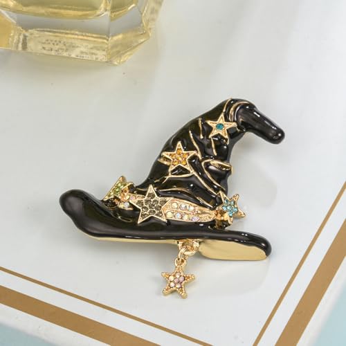 Image of Rhinestone Witch Hat Brooch Pin for Women AB Crystal Colorful Star Witchcraft Brooches Lapel Pins Bag Suit Dress Accessories Unisex Cap Fashion Christmas Halloween Jewelry