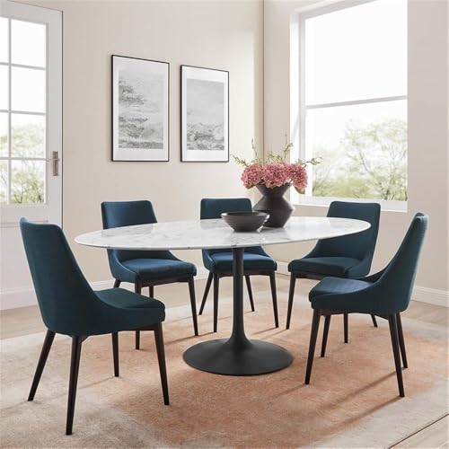 Image of Modway Lippa 78 inch Oval-Shaped Mid-Century Modern Dining Table with Artificial Marble Top and Black Base