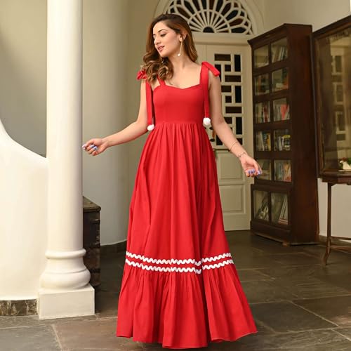 Image of Women's Elegant Long Maxi Gown with Shoulder Ribbon Tie-Up, Stylish & Trendy - Fit and Flare Sleeveless Square Neckline Western Dress, Casual Dress for Women