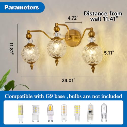 Image of Vintage Vanity Light 3 Light Gold Bathroom Light Fixtures Over Mirror