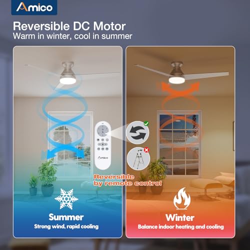 Image of Amico Ceiling Fans with Lights, 52 inch Low Profile Ceiling Fan with Light and Remote Control, Flush Mount, Reversible, 3CCT, Dimmable, Noiseless, Silver Ceiling Fan for Bedroom, Indoor /Outdoor Use