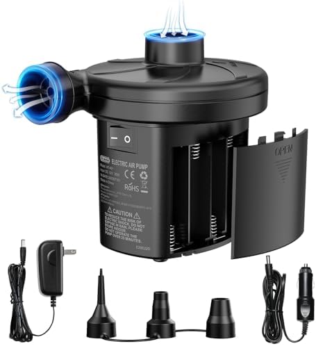 Air Mattress Pump, Dr.meter 3 Ways Powered Portable Electric Air Pump with 3-Nozzle AC 110V, DC 12V, Battery Operated Quick-Fill Inflator Deflator for Inflatable Pool Float Air Bed Boat Swimming Ring