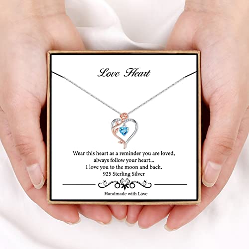 March Birthstone Necklace For Women, 925 Sterling Silver Rose Love Heart Birthstone Jewelry Mothers Valentines Day Christmas Anniversary Birthday Gifts For Mom Wife Girlfriend Daughter Her Blue Aquamarine Necklace #TOP5