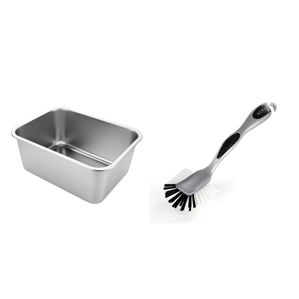 ASelected Washing Up Bowl, 304 Stainless Steel Large Rectangular 10 Litre Washing Basin, Dishtub, Mixing Bowl, Plastic Free, 33x24x15cm & Addis 501120 Ultra Grip Jumbo Dish Brush Dark Grey