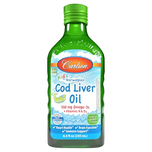 Carlson - Kids Cod Liver Oil 550 mg Omega-3s Plus Vitamins A and D3 Wild Caught Norwegian Arctic Cod Sustainably Sourced Nordic Liquid Fish Oil Green Apple 250 mL (8.4 Fl Oz)