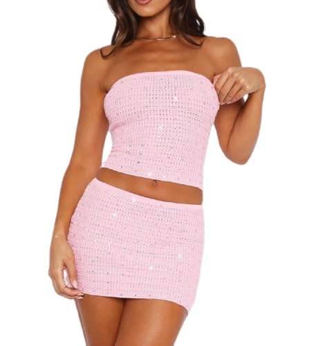 NUFIWI Women 2 Piece Crochet Knit Outfits Set Strapless Tube Tops and Bodycon Mini Skirts Sexy Sequin Party Clubwear Set
