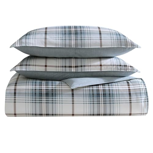 Image of Eddie Bauer - King Comforter Set, Reversible Cotton Bedding with Matching Shams, Plaid Home Decor (Alder Blue /Grey, King)