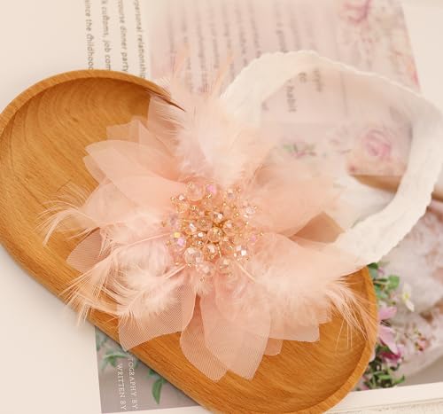 Bethynas Baby Girls Lace Feather Headband Beads Gauze Flower Elastic Toddler Hairband Birthday Party Princess Hair Accessories for Newborn Infant (Pink)3