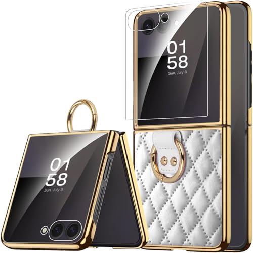 Miimall Pochette pour Samsung Galaxy Z Flip 7 avec Bague, [Verre Trempé HD], PU Cuir Souple+PC Rigide Solide Antichoc Résistant aux Rayures Élégant Fine...