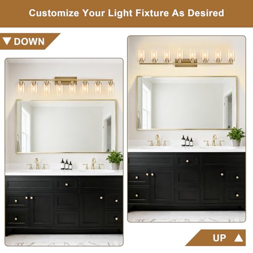 Image of IZORRO Bathroom Light Fixtures, Modern Vanity Lights, Bathroom Lighting Fixtures Over Mirror with Clear Glass Shade, Wall Sconce for Living Room Cabinet Bedroom (Brushed Gold, 8-Light)