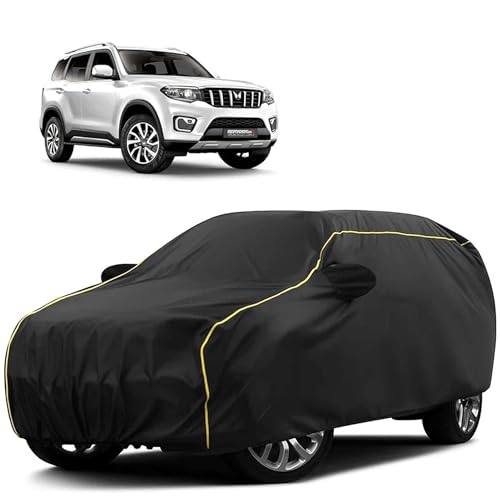 Image of Sulfar 100% Water Resistant Car Body Cover Compatible with Mirror for Mahindra Scorpio N (Triple Stitched, Full Bottom Elastic, Black Tafetta with Yellow Piping)