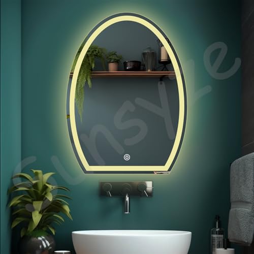 Image of Sunsyze LED Mirror for Bathroom, Washbasin and Office, 18x24 Wall Mounted Half Oval Shape Mirror with Light /3 Color Light (Warm, White and Natural Light) Brightness Adjustable
