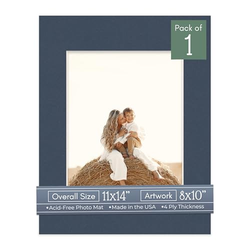 CountryArtHouse 11x14 Precut Picture Frame Mats White Core Bevel Cut Acid Free 4-Ply Mat Board Fits 8x10 Photos Professional Photo Mat Inserts for Frames & Gallery Wall Navy Blue 1 Pack