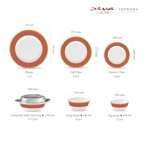 Image of La Opala Diva Sovrana Collection Opal Glass Crockery | for Family of 6 | Dinner Set 35 pcs Regent Red | Plates & Bowls for Dining | Microwave Safe | 100% Vegetarian | Extra Strong | Light & White