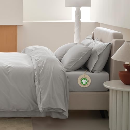 Double Stitch 100% Organic Cotton Sheets, Queen Sheet Set, GOTS Certified Long Staple Cotton Bedsheets, Luxury & Soft Hotel Bed Sheets with 16 inches Deep Pocket, Made in India Light Grey