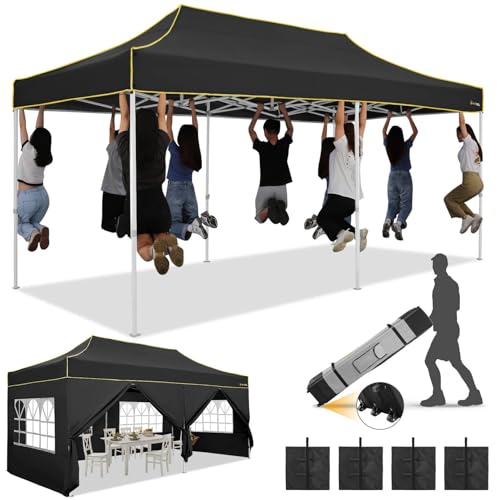 Image of HOTEEL 10x20 Heavy Duty Pop Up Canopy Tent with Sidewalls, Commercial Outdoor Canopy Tents for Parties Event Wedding with Roller Bag, Waterproof & UV 50+, Upgraded Thickened Hexagonal Legs, Black