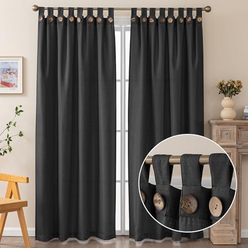 Black Oxford Curtain 2 Panels, Delicate Faux Linen Blend Semi-Blackout Curtains with Coconut Buttons for Living Room, W52 x L63 inches