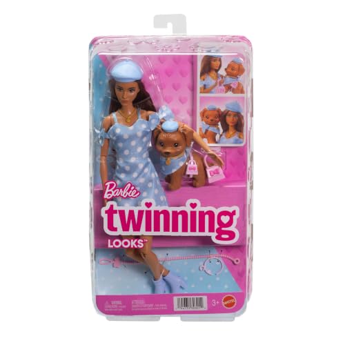 Miniatura 6 de Barbie Twinning Looks Muñeca y perrito con conjuntos a juego | Ropa y accesorios azules de lunares, como boinas y bolsos; pelo castaño, JFP38
