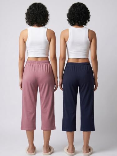 Image of Fflirtygo Women's Cotton Plain Calf Length Capri | Nightwear Short Pyjama | 3 /4th Solid Pyjama Pant | Regular Fit Casual & Lounge Wear Capri Combo (Pack of 2)