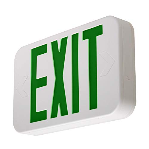 LFI Lights® Compact Exit Sign, UL 924 Listed, Green LED, White, 120/277VAC Hardwired with Battery Backup, Wall, Ceiling or Side Mount, Optional Double Face and Knock Out Arrows, LEDJRGWBB