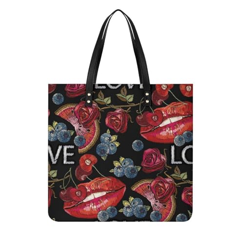 Sac à bandoulière tote bag femmes original, grand cabas de voyage lèvres rouges fleur