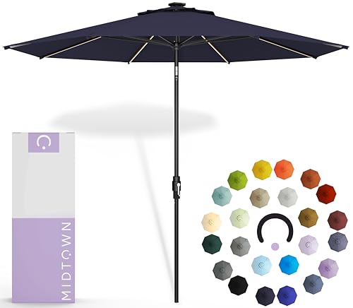 Image of Midtown Umbrellas LED Swilt - 9 Ft Solar LED Patio Umbrella, Navy Canopy