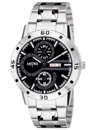 Image of Matrix Superior Analog Watch for Men | Black, Blue, Green & White Dial Stainless Steel Chain Strap Watch | Day & Date Display | Quartz Movement | Stylish Casual & Formal Wrist Watch for Boys & Men