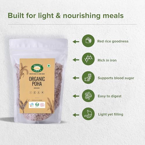 Image of Millet Amma Certified Organic Red Rice Poha 1kg | Unpolished Beaten Rice Flakes | Rich in Iron | Regulates Blood Sugar | 100% Vegan & Gluten Free | No Preservatives