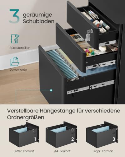 SONGMICS Aktenschrank mit 3 Schubladen, Rollcontainer, Stahl, abschließbar – Ansicht 3