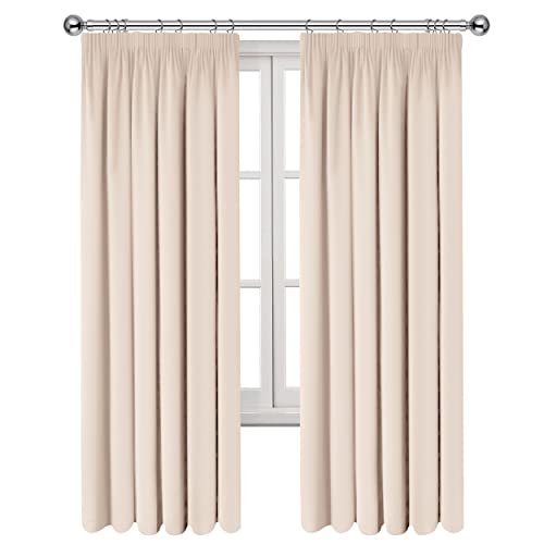 Imperial Rooms Blackout Curtains for Living Room - Pencil Pleat Cream Bedroom Curtains 90x90 Drop Inch Thermal Insulated Super Soft Black Out Kitchen Curtain Pair Panels with Tiebacks
