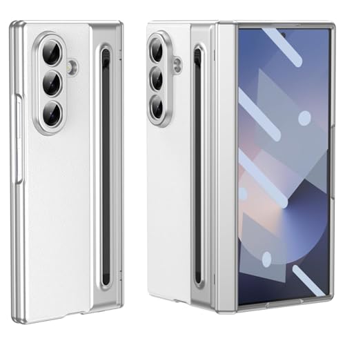 Image of Ultra Hybrid Luxury Leather Compatible with Samsung Galaxy Z Fold 7 (2025)| Built-in S Pen Holder| 360 Hinge Protection | Slim Shockproof Back Cover with Tempered Glass - White