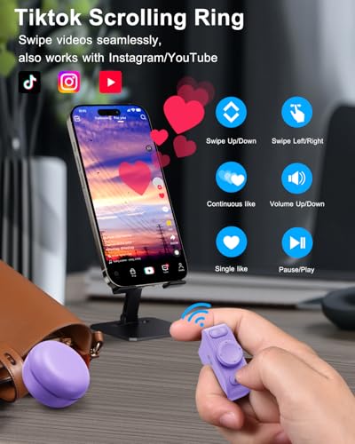 Image of [New Upgrade, Easy to Use] TikTok Scrolling Ring Remote Control, Camera Shutter Remote, Wireless Bluetooth Scrolling Ring for iPhone, iPad, iOS, Android - Light Purple