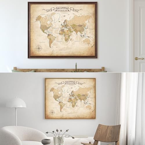 Image of DECORARTS - Large Personalized World Travel Map with Pins, Custom Name, Pin Board Canvas Wall Art, Antique Old World Decor, Optional Wood Frame, Giclee Print, Handcrafted in USA, 35x28''